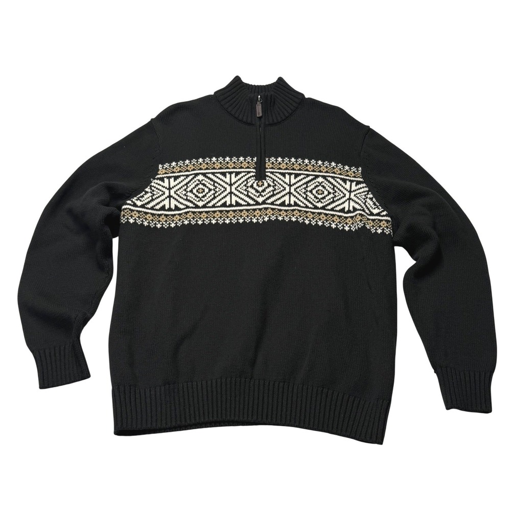 IZOD Mens Sweater Fair Isle Quarter Zip Large Black Cotton Blend Nordic Preppy